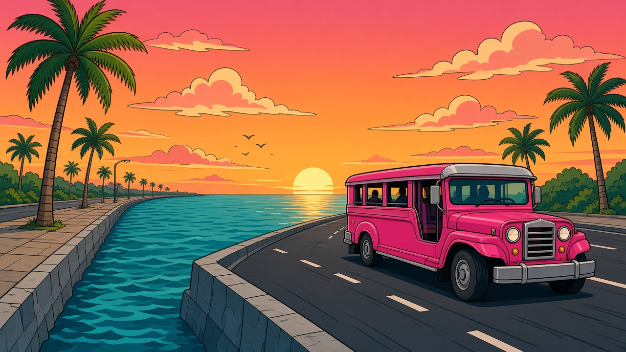 Cartoon Manila Bay, a pink jeepney along the boulevard